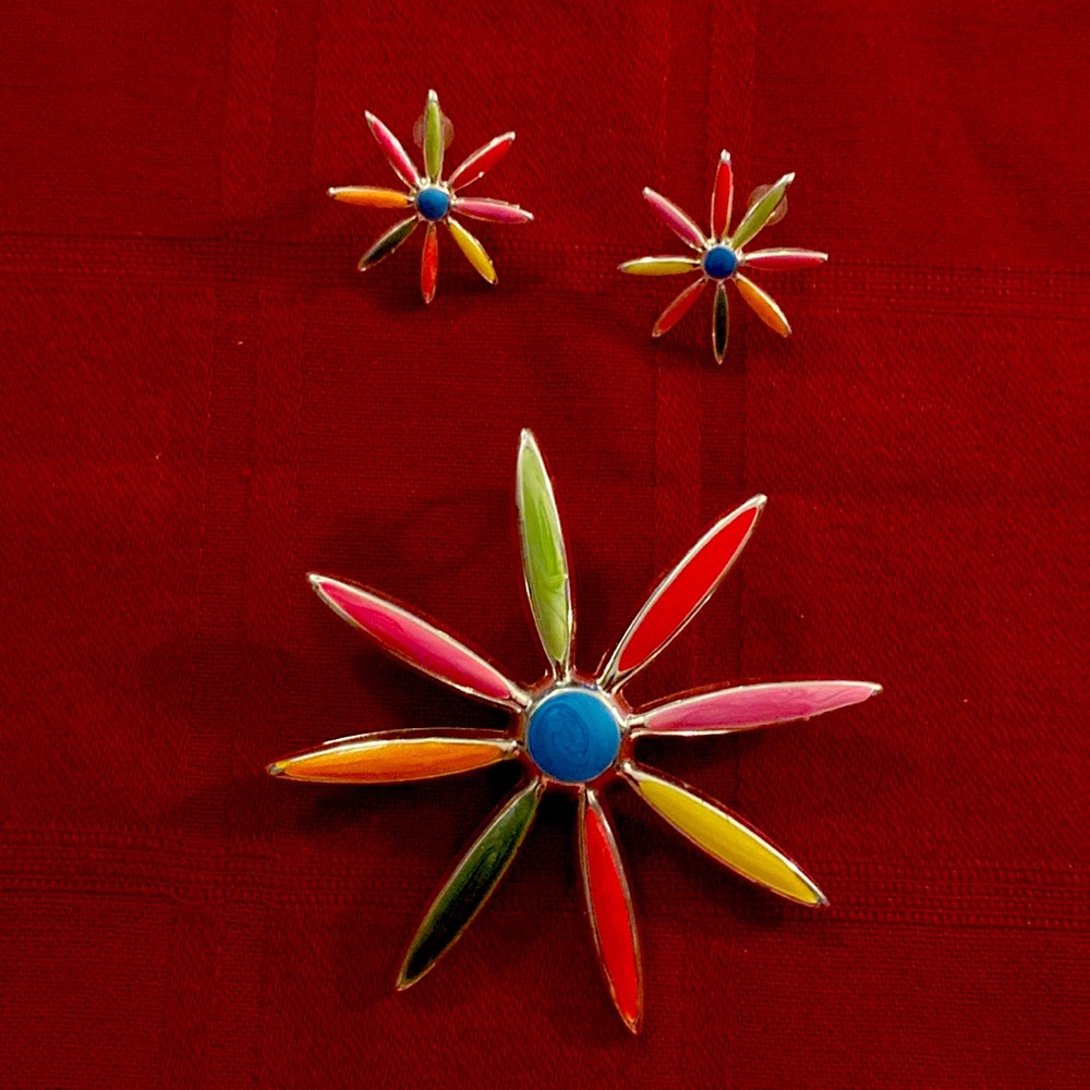 Bot Enamel Colorful Flower Daisy Brooch-Pendant & Earrings-great used condition